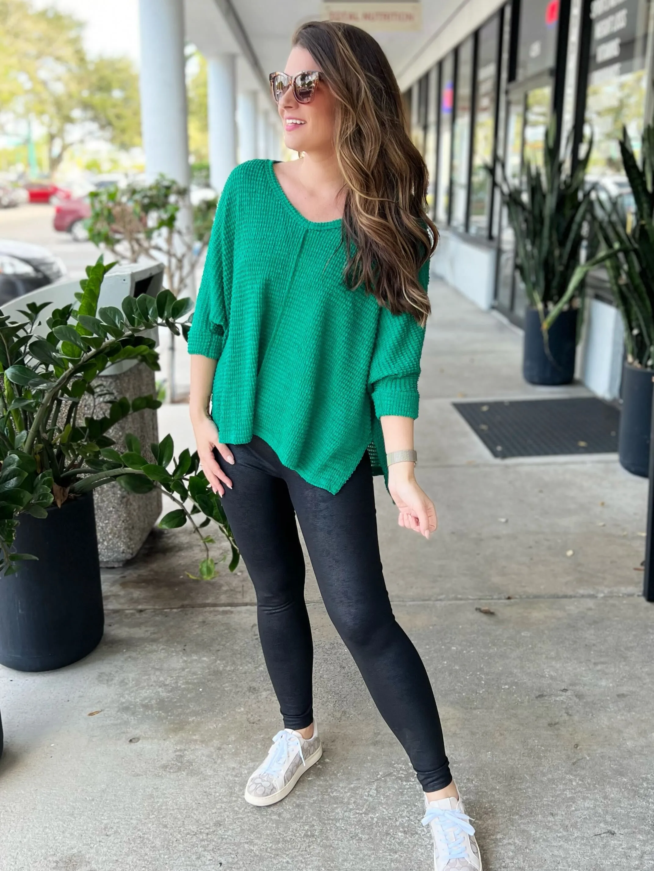 3/4 Sleeve V-Neck Waffle Top- Kelly Green