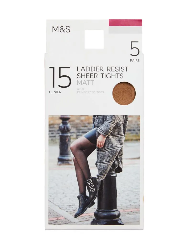 5pk 15 Denier Ladder Resist Matt Tights