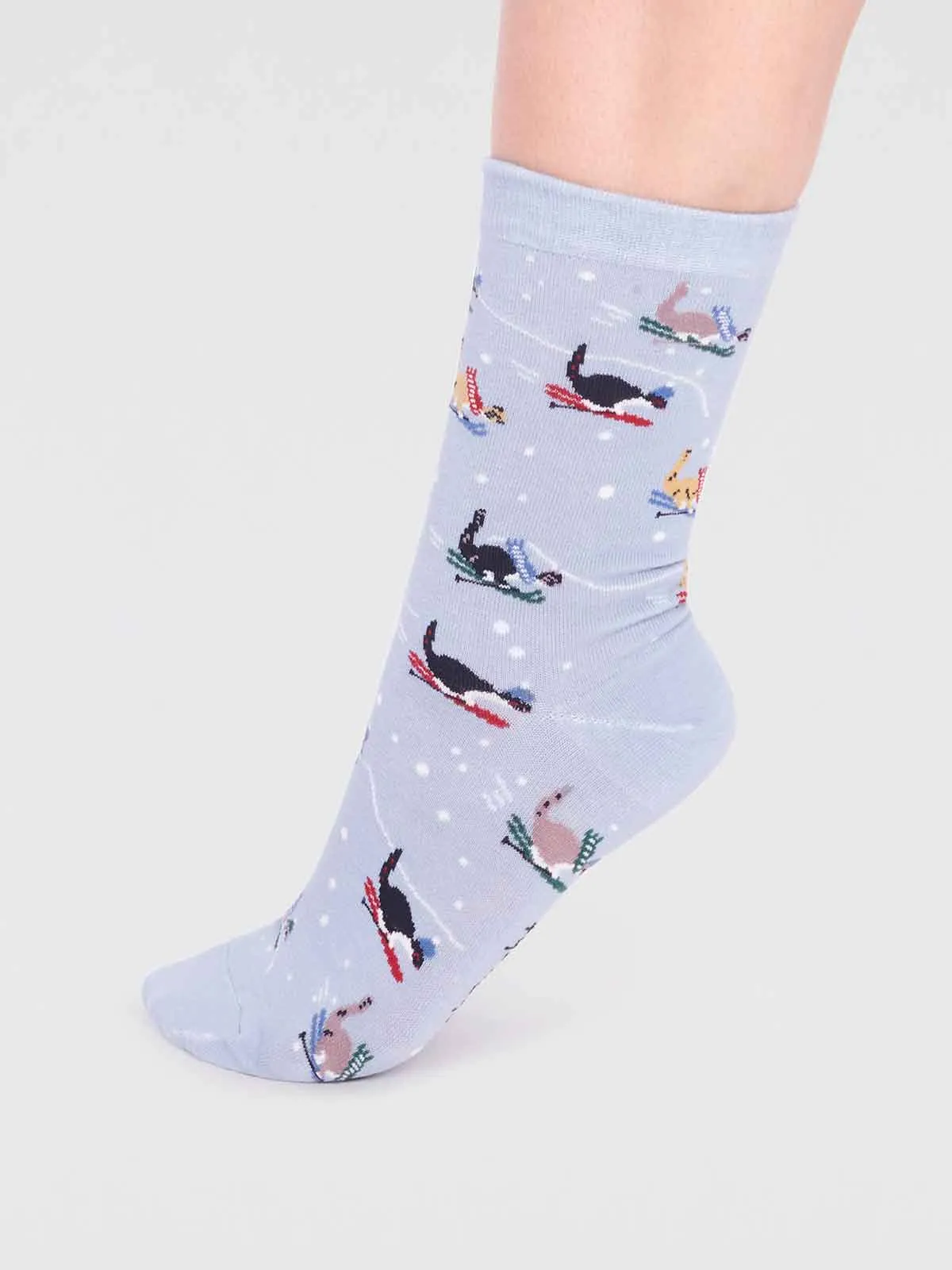 Amaryllis Organic Cotton Skiing Cat Sock - Foam Blue