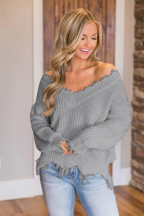 Amelia Frayed Hem Dropped Shoulder Sweater