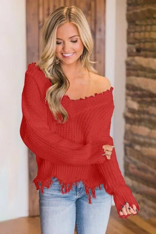 Amelia Frayed Hem Dropped Shoulder Sweater