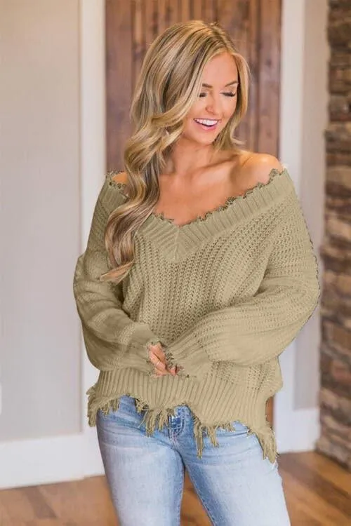 Amelia Frayed Hem Dropped Shoulder Sweater