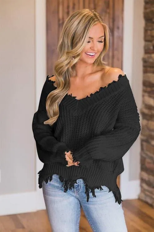 Amelia Frayed Hem Dropped Shoulder Sweater