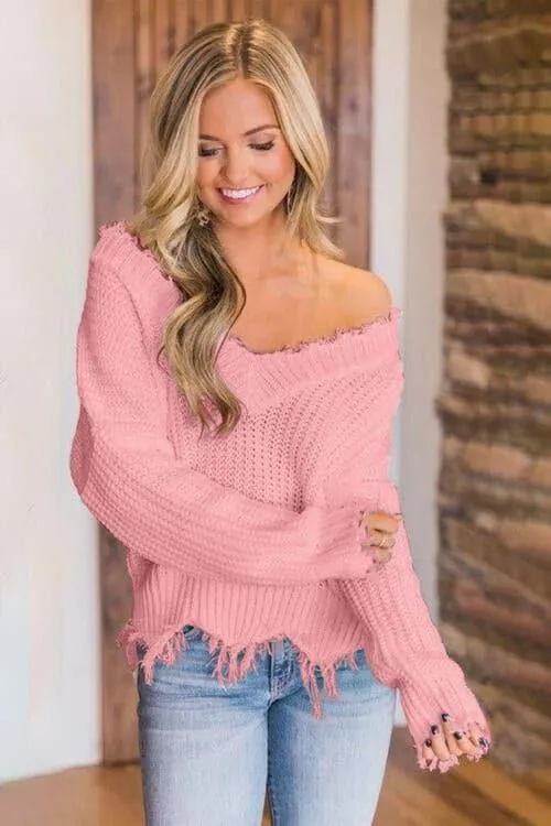 Amelia Frayed Hem Dropped Shoulder Sweater