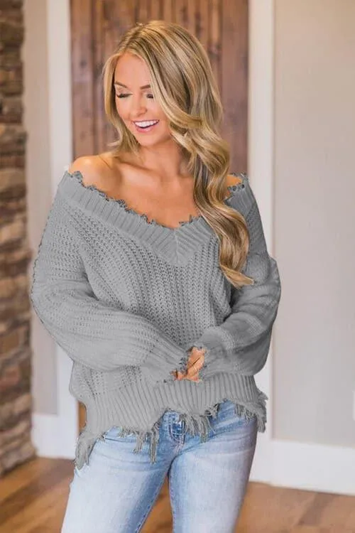 Amelia Frayed Hem Dropped Shoulder Sweater