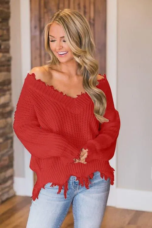 Amelia Frayed Hem Dropped Shoulder Sweater