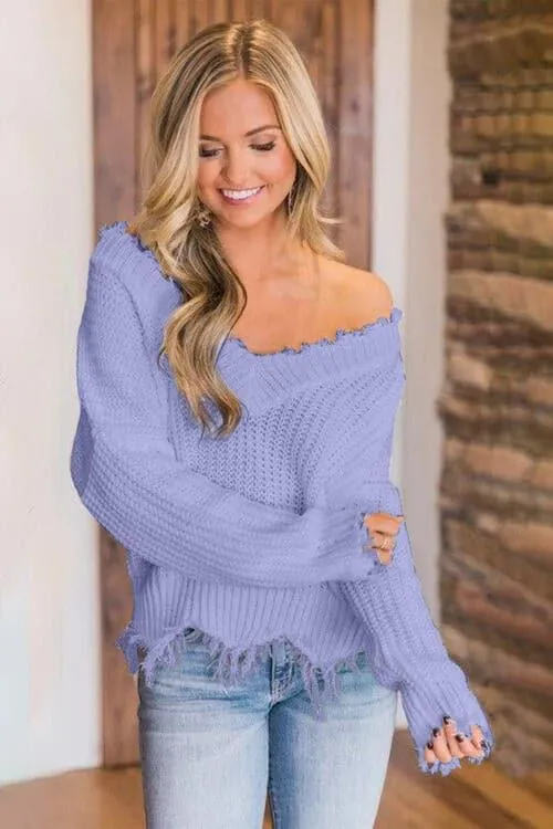 Amelia Frayed Hem Dropped Shoulder Sweater