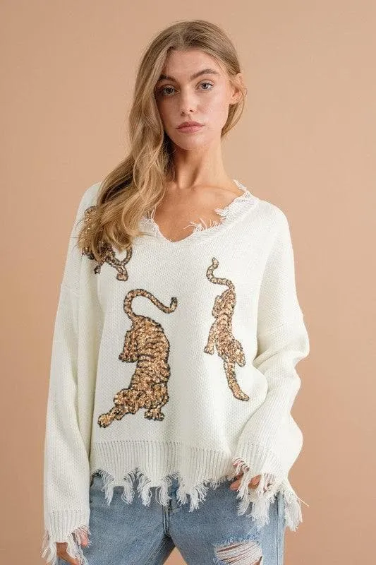 BLUE B Frayed Edge Sequin Tiger Sweater, 2 Colors