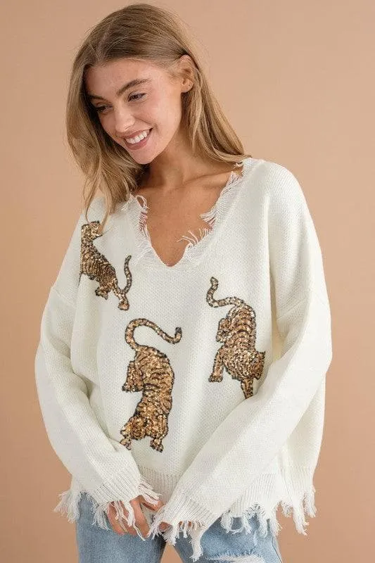 BLUE B Frayed Edge Sequin Tiger Sweater, 2 Colors