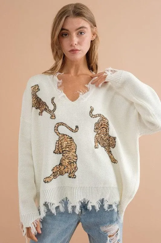 BLUE B Frayed Edge Sequin Tiger Sweater, 2 Colors