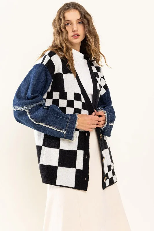 Checkerboard & Denim Button Up Cardigan'