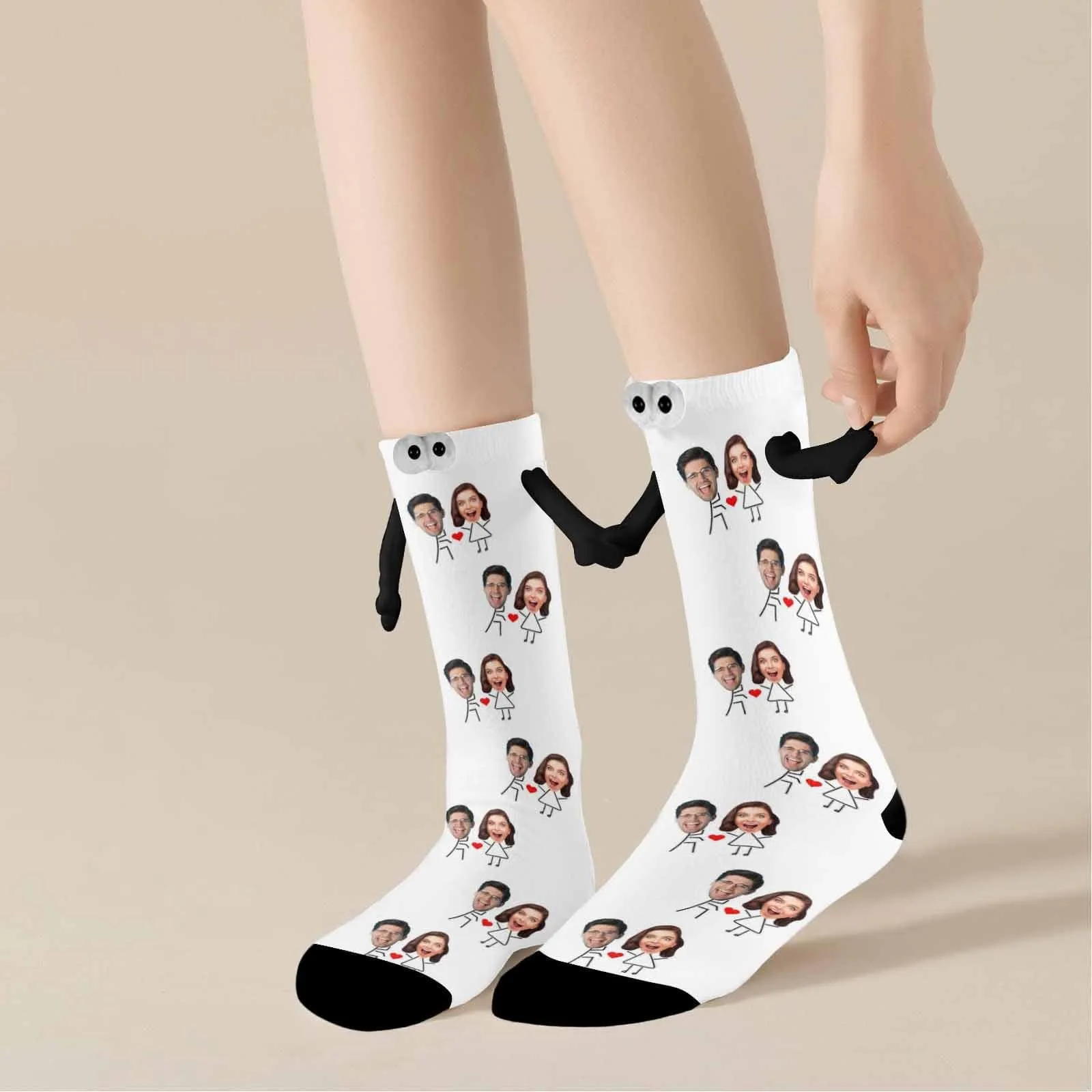 Custom Face Love Heart Magnetic Holding Hands Socks Suction Funny Big Eye Socks Couple Valentine's Day Gift