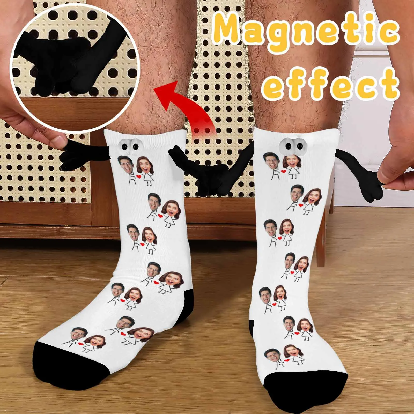 Custom Face Love Heart Magnetic Holding Hands Socks Suction Funny Big Eye Socks Couple Valentine's Day Gift