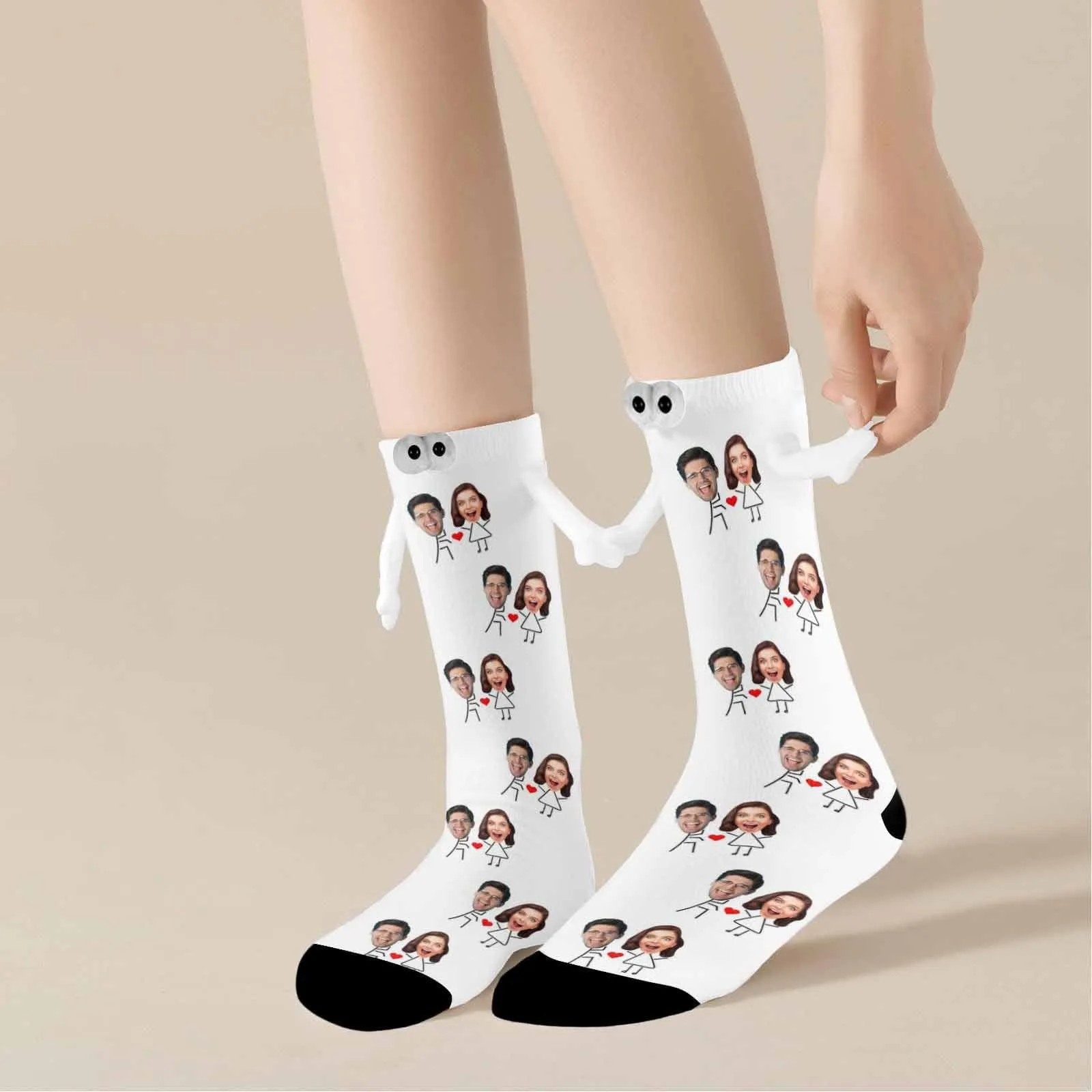 Custom Face Love Heart Magnetic Holding Hands Socks Suction Funny Big Eye Socks Couple Valentine's Day Gift