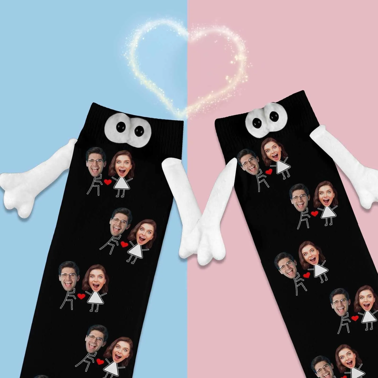 Custom Face Love Heart Magnetic Holding Hands Socks Suction Funny Big Eye Socks Couple Valentine's Day Gift