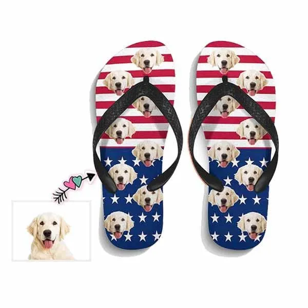 Custom Face Personalized Dog Face American Flag Flip Flops Beach Souvenir Gift Applique Beach Life Gift For Boyfriend And Girlfriend