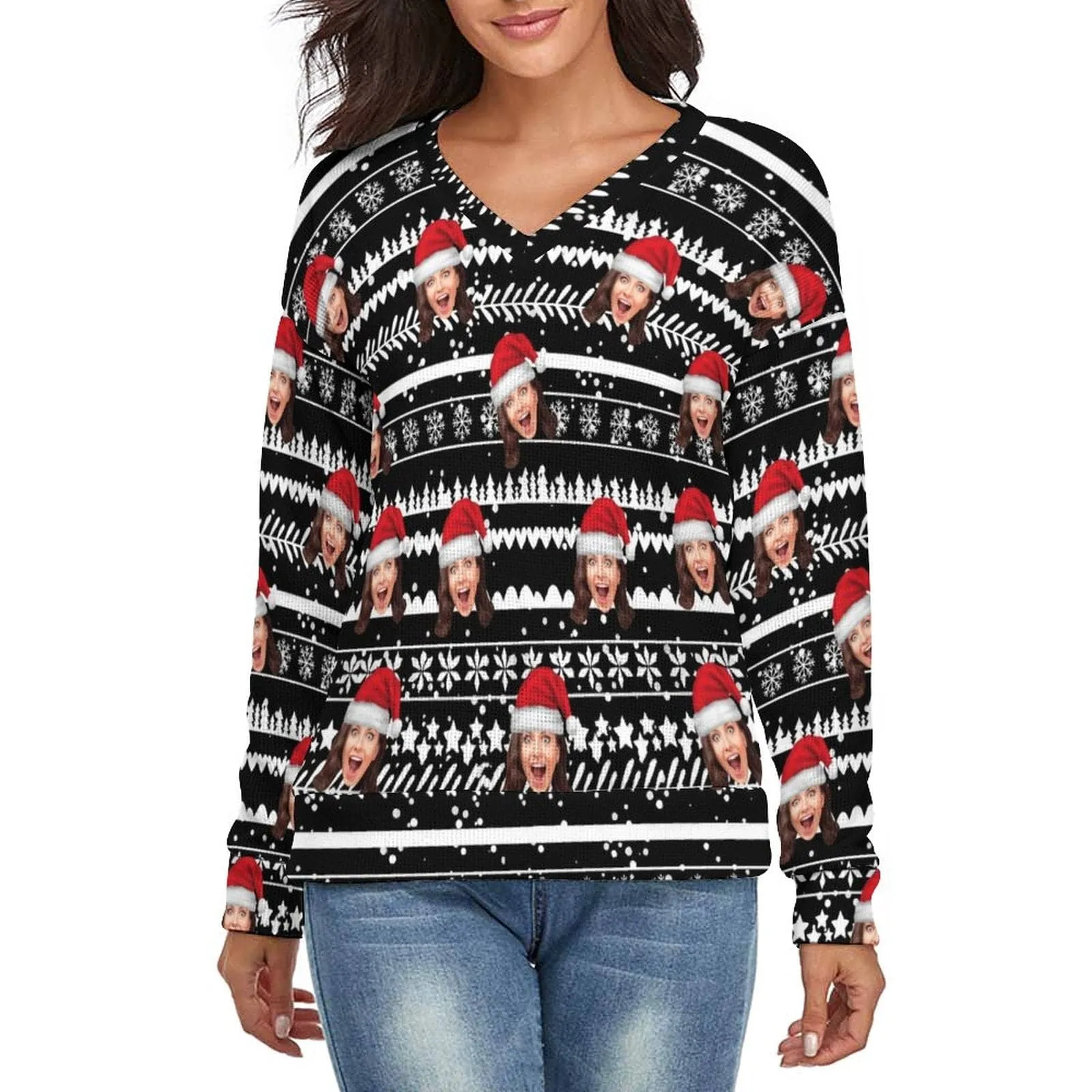 Custom Face V-Neck Sweater for Women Multicolor Christmas Design Ugly Sweater Long-Sleeve Pullover Sweater