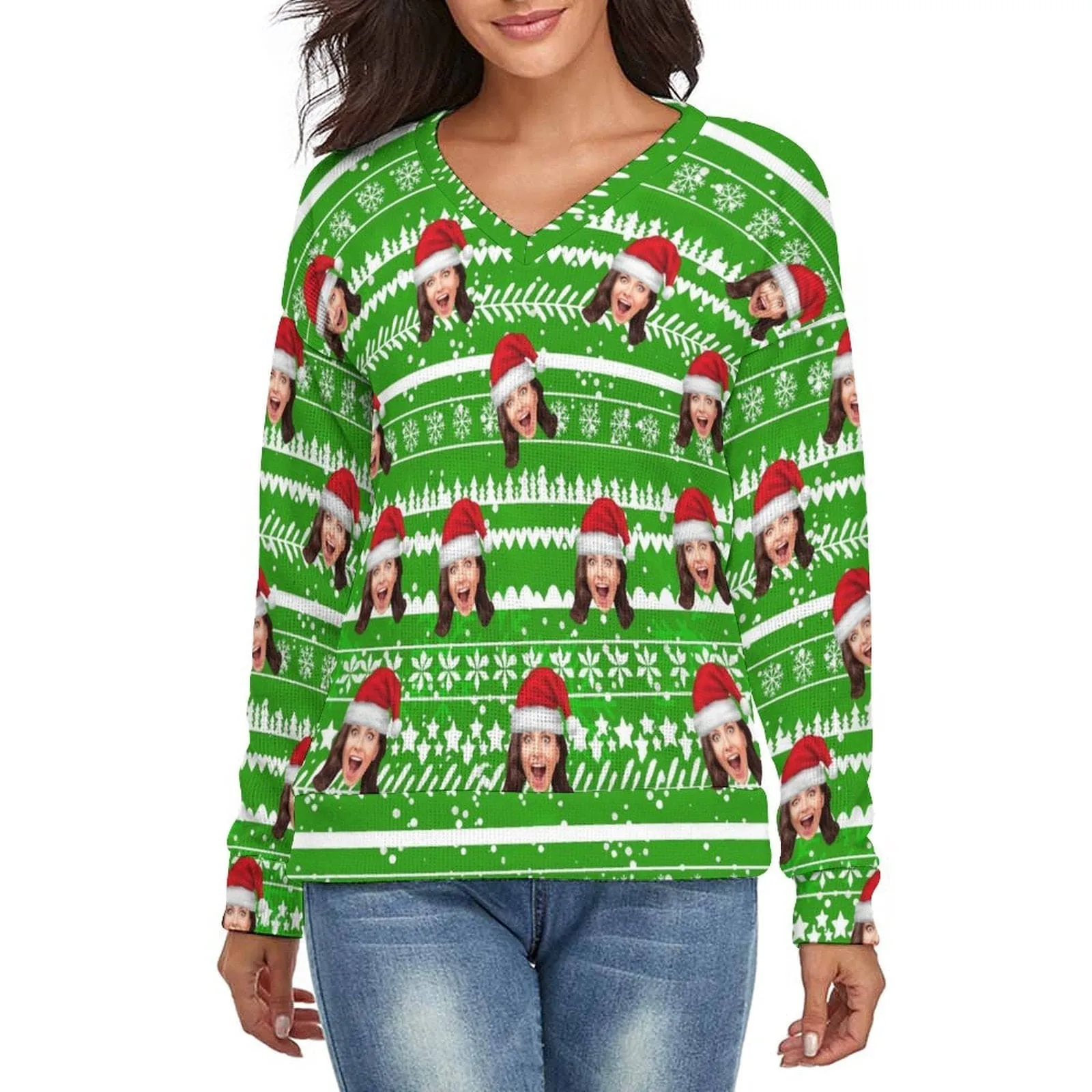 Custom Face V-Neck Sweater for Women Multicolor Christmas Design Ugly Sweater Long-Sleeve Pullover Sweater