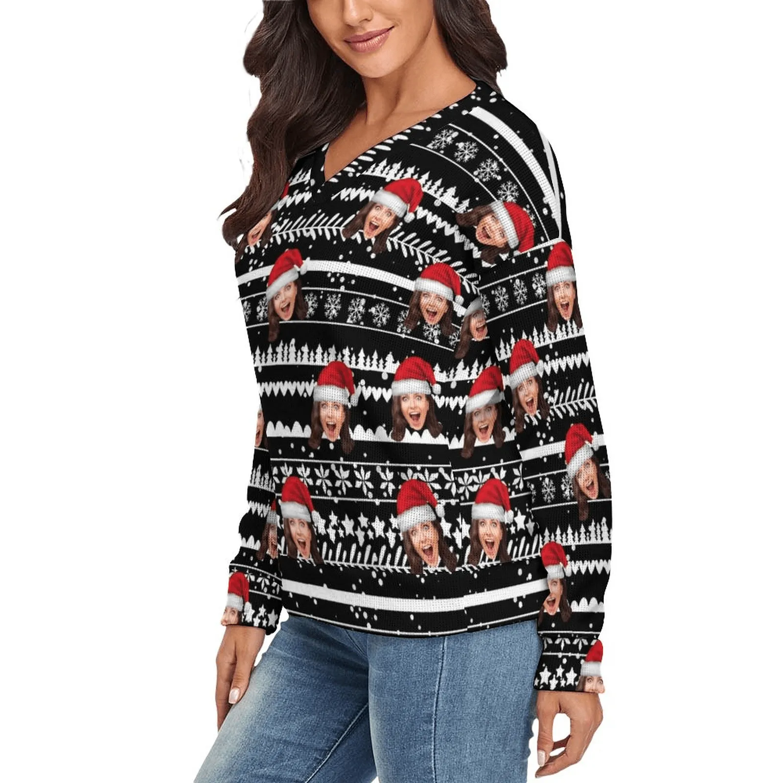 Custom Face V-Neck Sweater for Women Multicolor Christmas Design Ugly Sweater Long-Sleeve Pullover Sweater