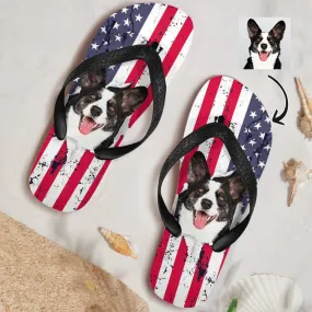 Custom Pet Face US Flag Flip Flops For Both Man And Woman Funny Gift For Vacation,Wedding Ideas For Guests