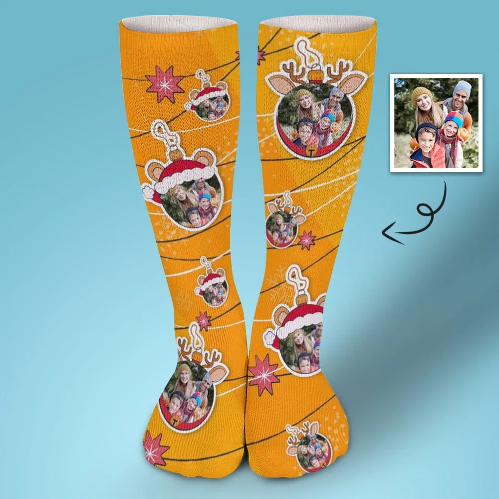 Custom Photo Line Yellow Sublimated Crew Socks Personalized Funny Photo Socks Gift for Christmas