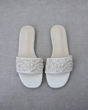 Ivory Crochet Slip on Sandals with Small Pearl Applique