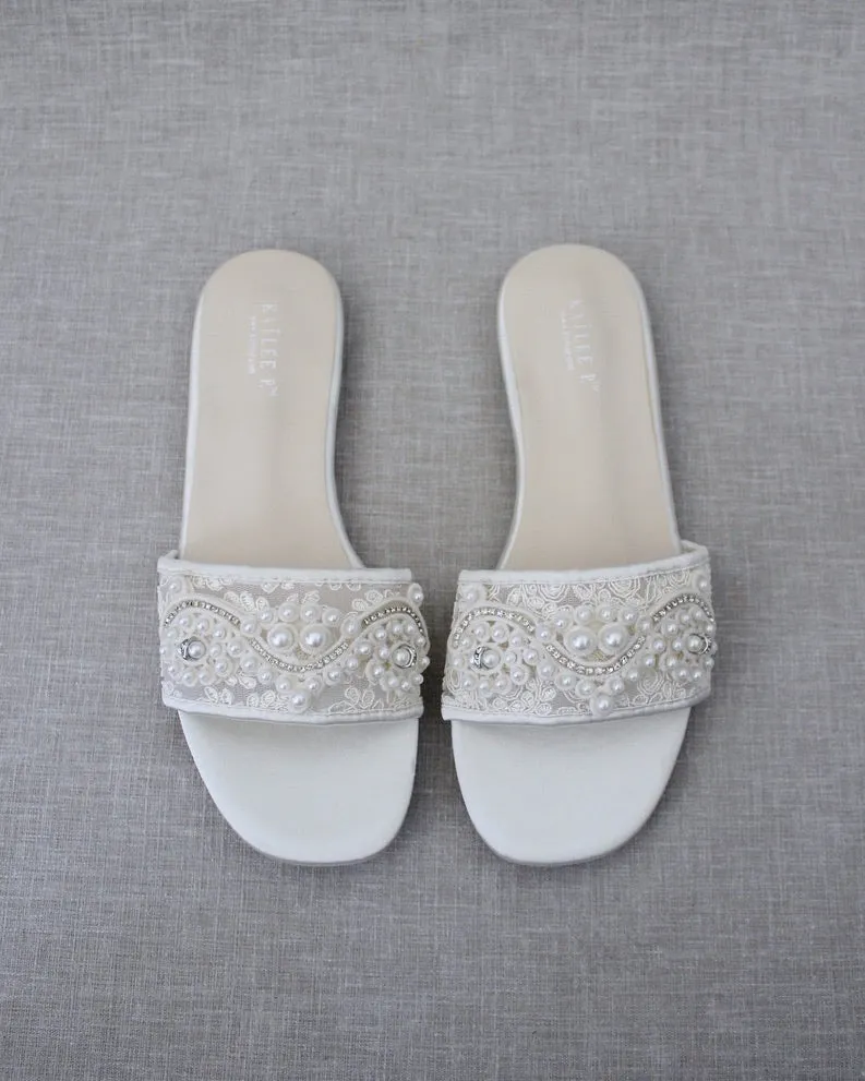 Ivory Crochet Slip on Sandals with Small Pearl Applique