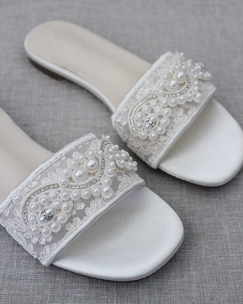 Ivory Crochet Slip on Sandals with Small Pearl Applique