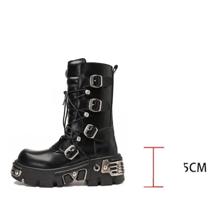 J122 Women's Black Motorcycle Boots: British Street Style Casual Shoes