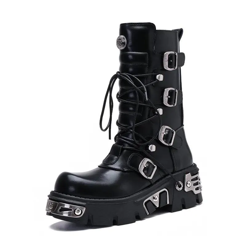 J122 Women's Black Motorcycle Boots: British Street Style Casual Shoes