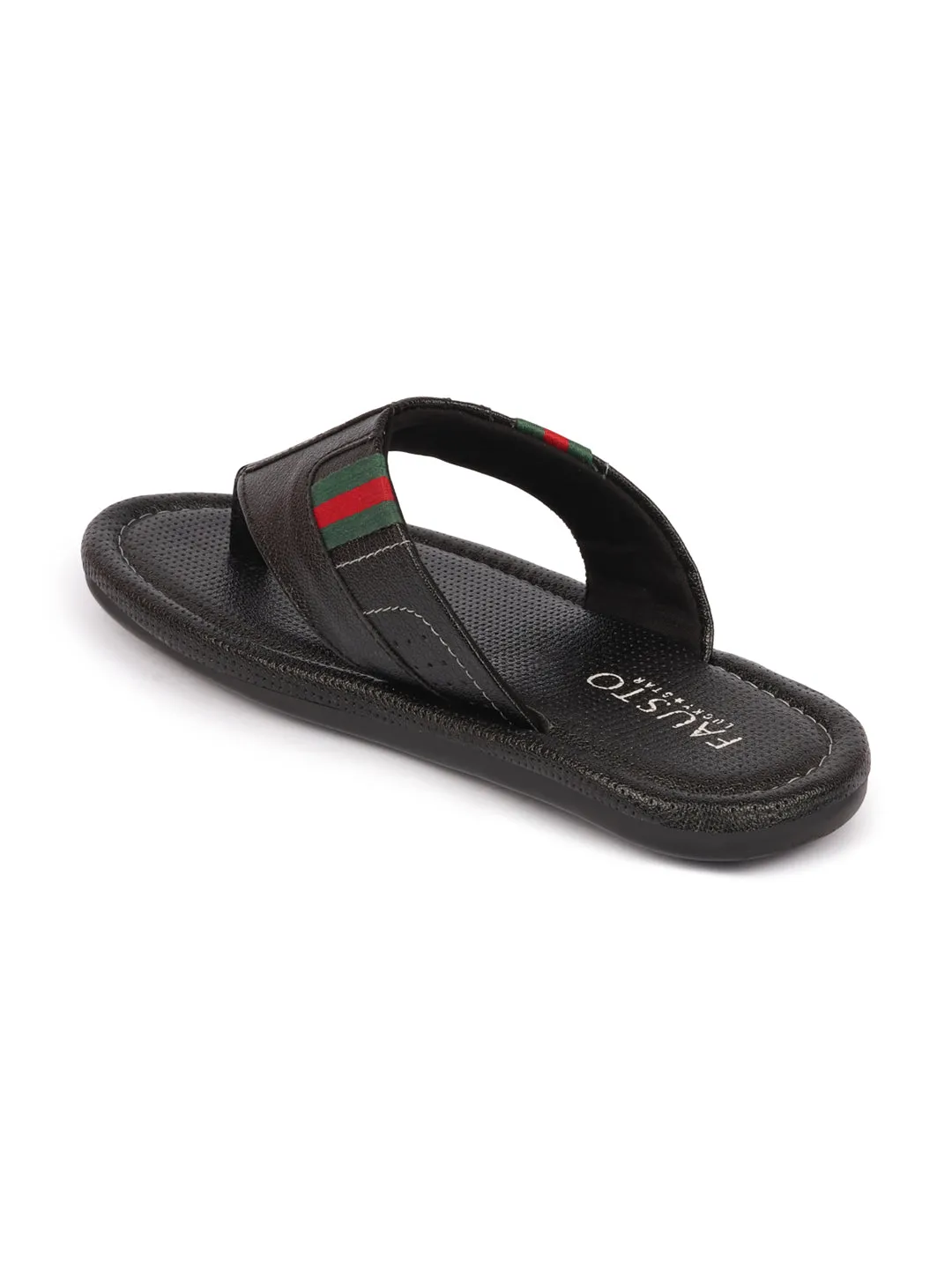 Men Black Colored Strip Design Indoor Outdoor Thong Slipper Sandals