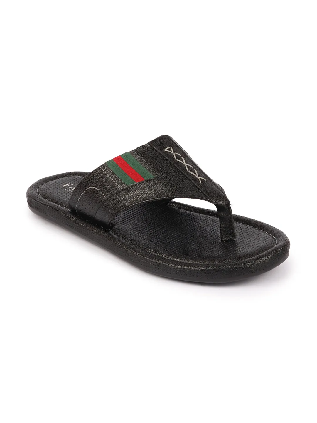 Men Black Colored Strip Design Indoor Outdoor Thong Slipper Sandals