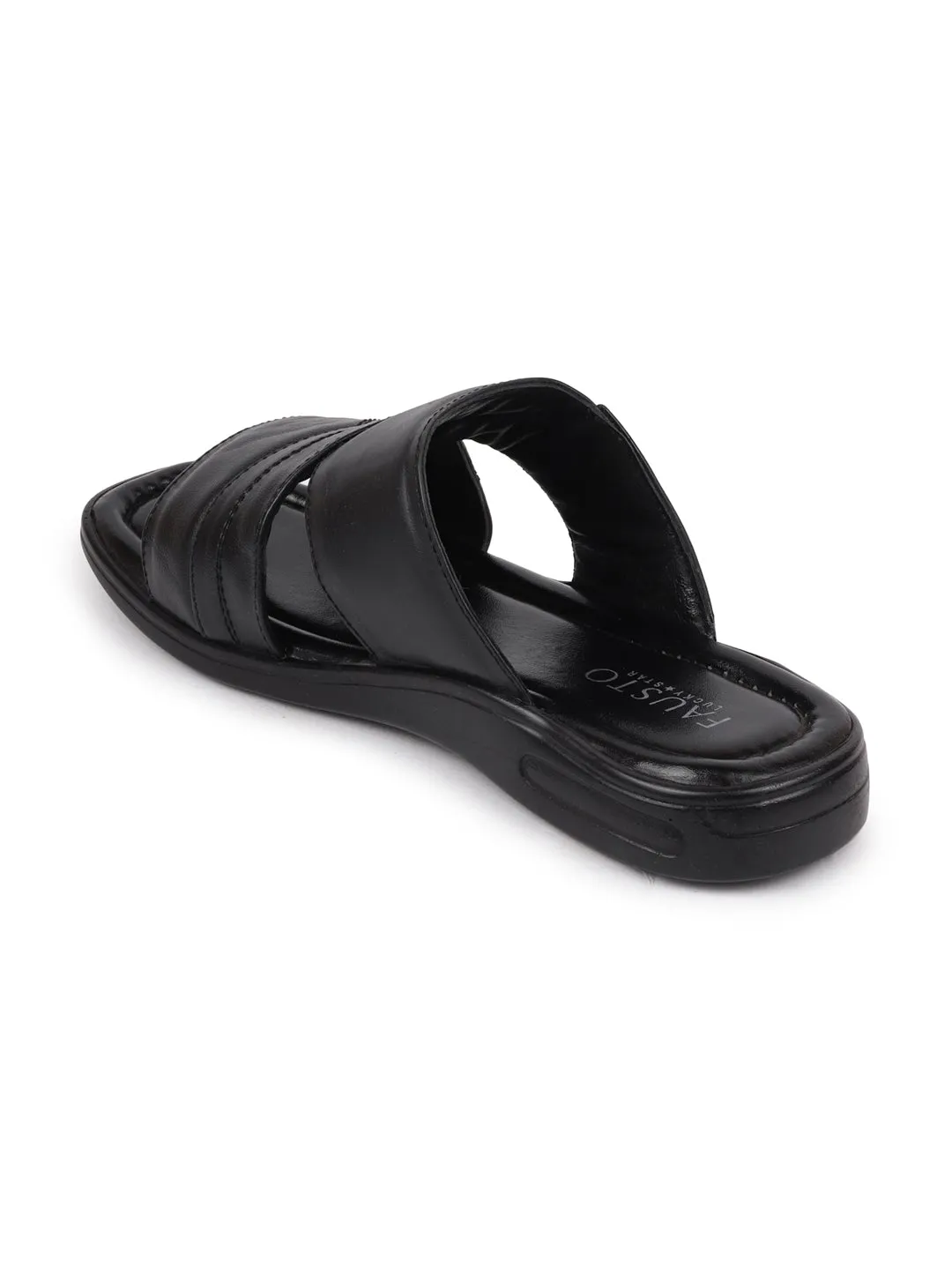 Men Black Slip On Leather Outdoor Lightweight Cushioned Slippers