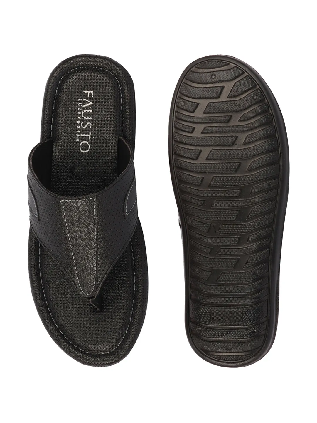 Men Black Textured Design Indoor Outdoor Thong Slipper Sandals