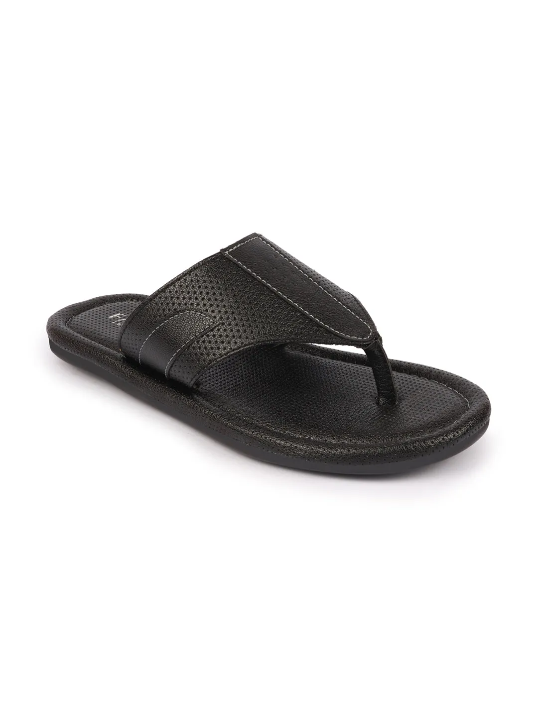 Men Black Textured Design Indoor Outdoor Thong Slipper Sandals