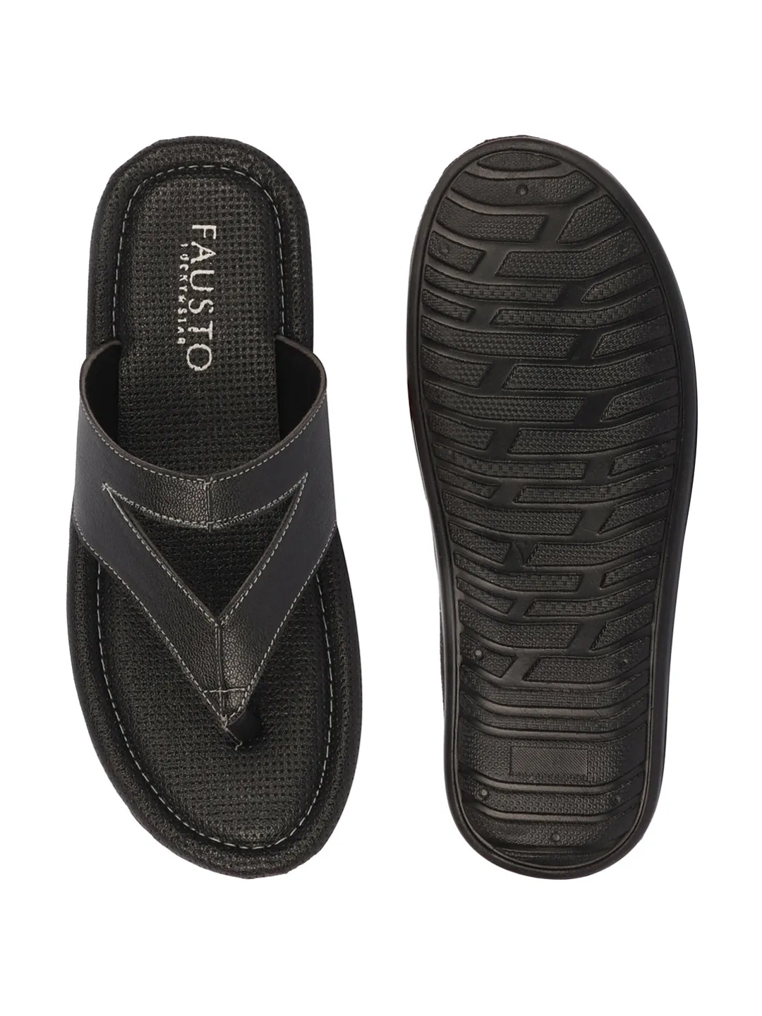 Men Black Textured Design Outdoor Thong Slipper Sandals