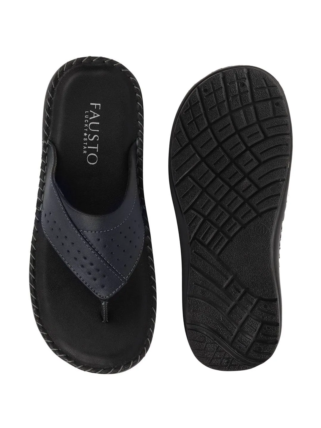 Men Blue Side Stitched Slippers