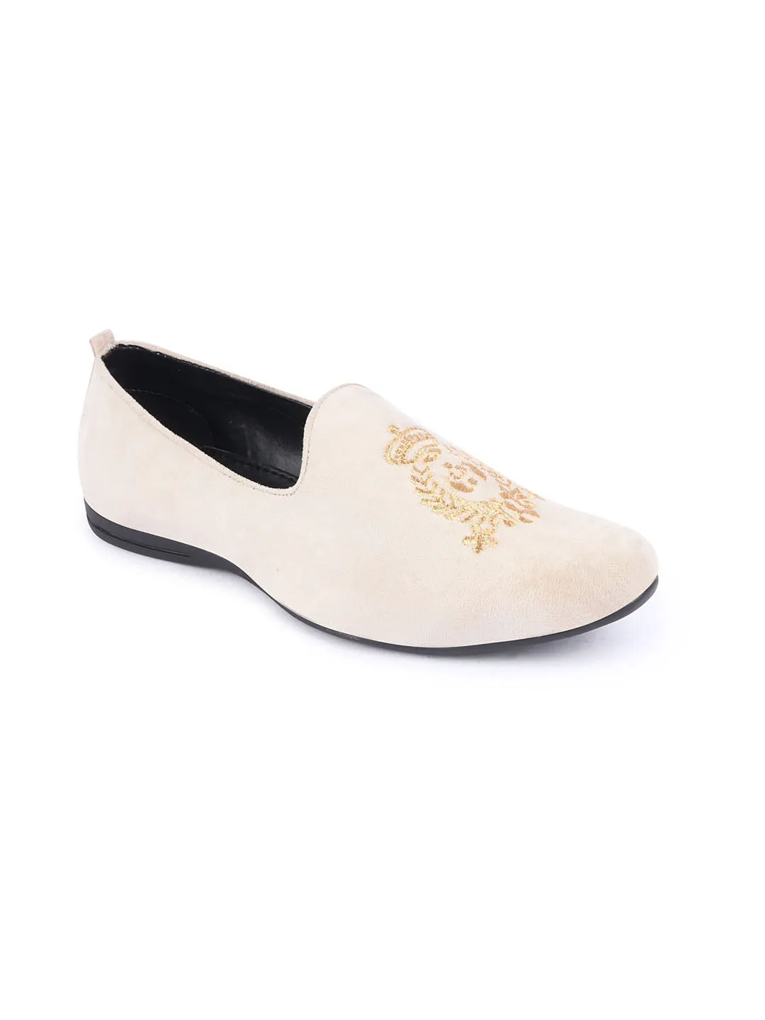 Men Cream Velvet Embroidery Party Casual Loafer Shoes