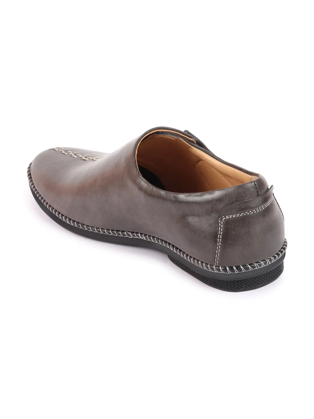 Men Grey Casual Cap Toe Hand Stitched Sandal Style Slip On Shoes