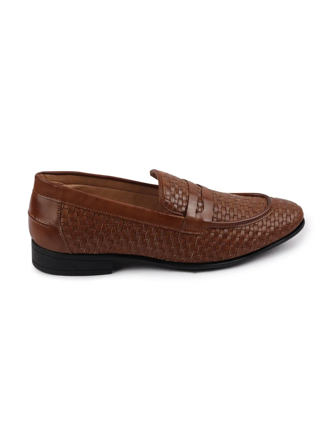 Men Tan Hand Knitted Slip On Penny Loafers