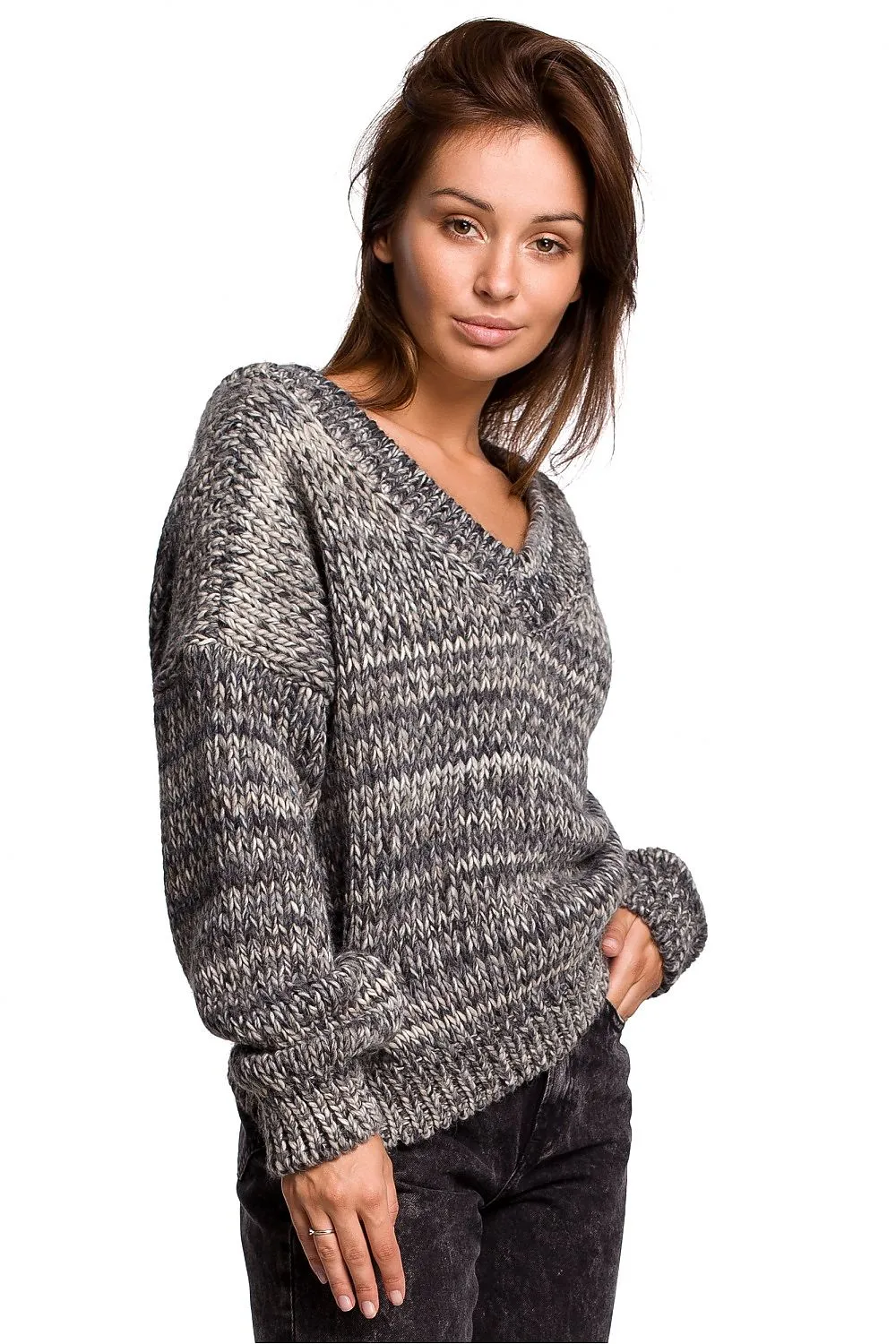 V-Neck Knitted Jumper Brown Gray