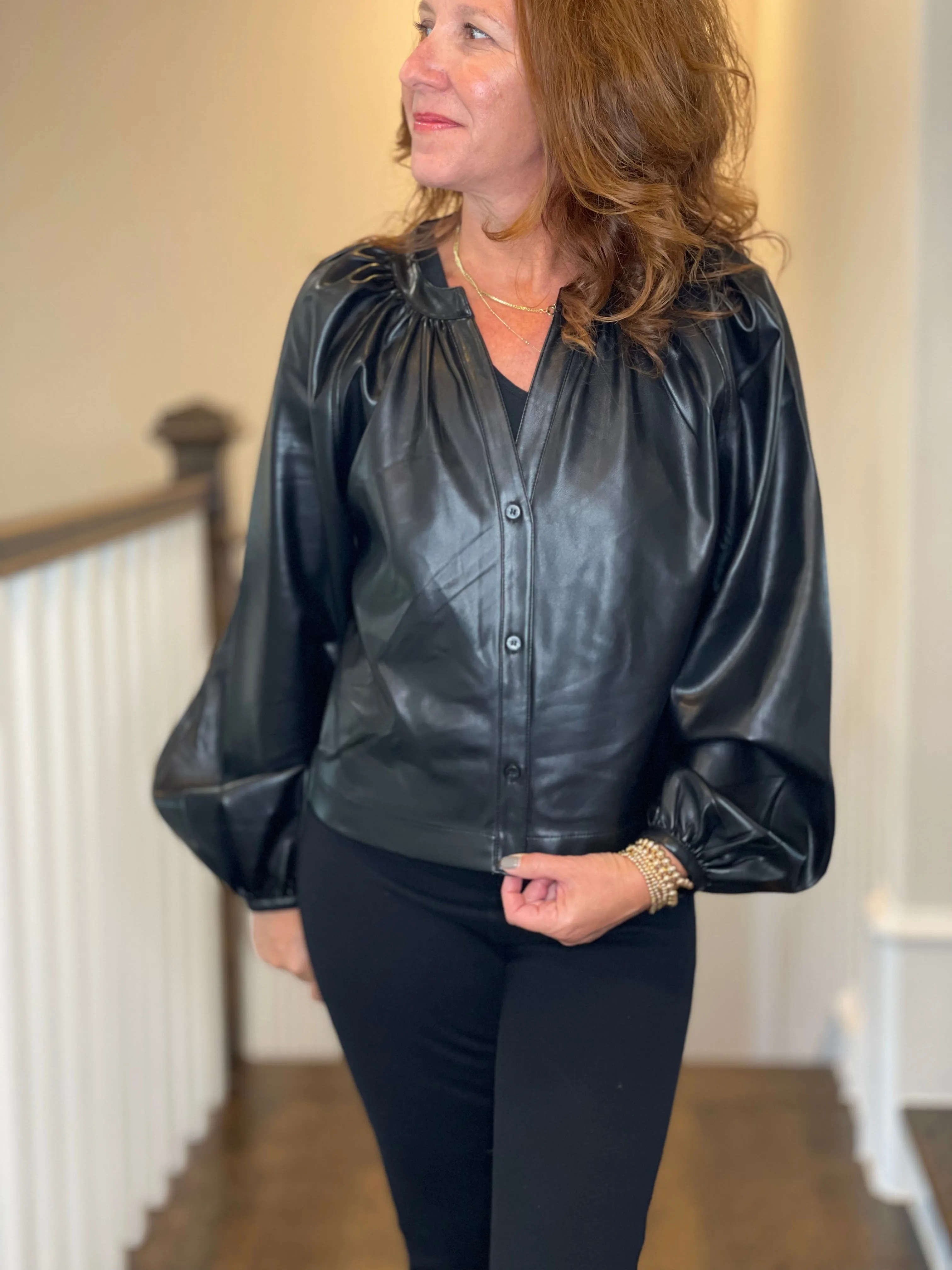 Vegan Leather Button Down Peasant Top in Black