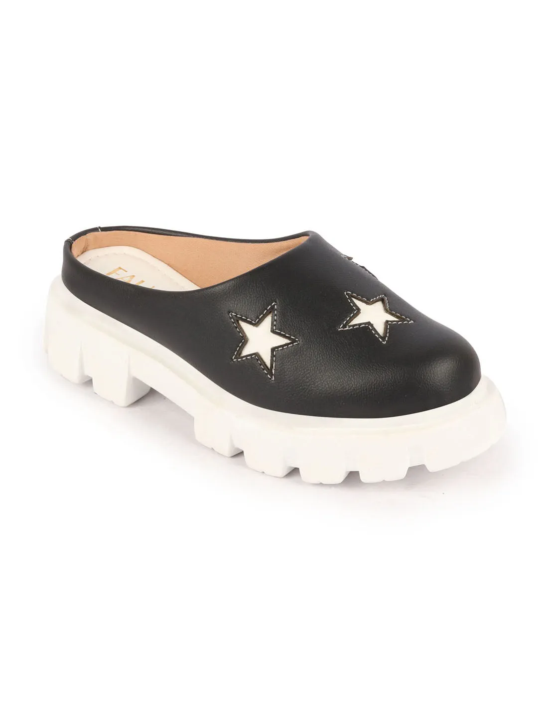 Women Black Laser Cut Star Open Back Height Enhancer Slip On Casual Shoes