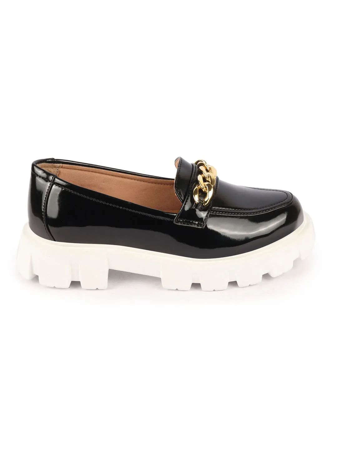 Women Black Patent Leather Shiny Chain Buckle Classic Casual Slip On Loafer Shoes