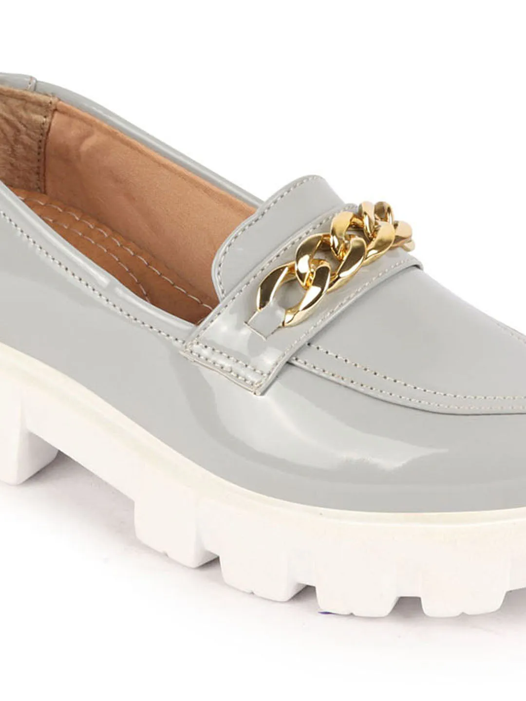 Women Grey Patent Leather Shiny Chain Buckle Classic Casual Slip On Loafer Shoes