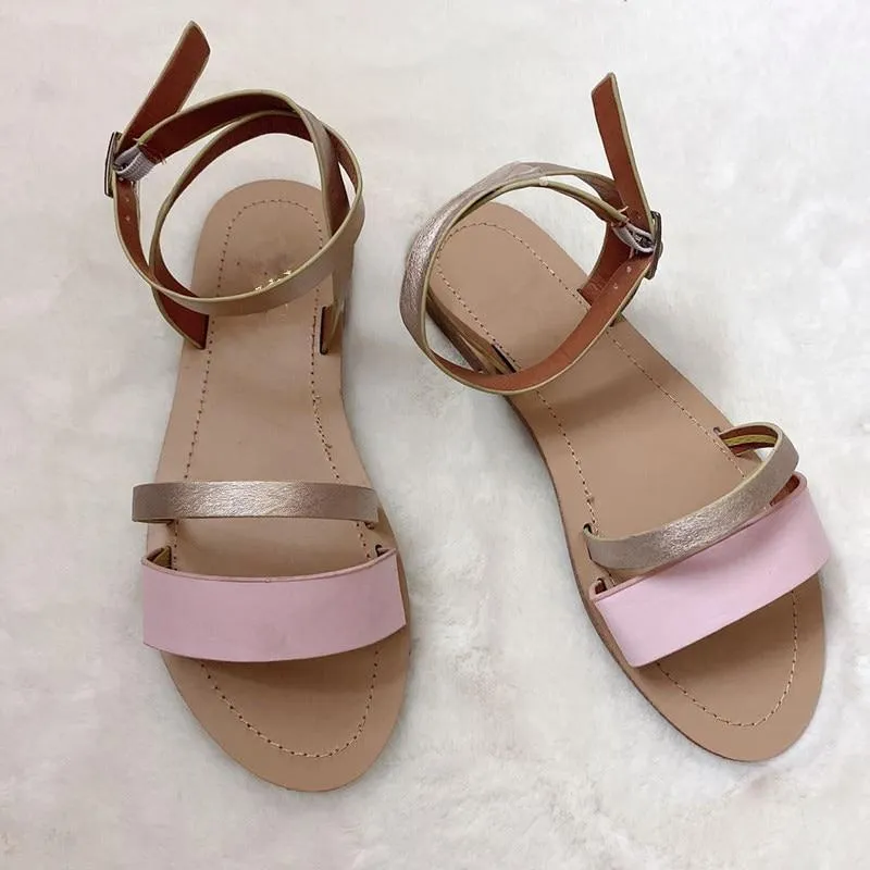 Women Sandals Flat Sanke Summer Casual Beach Gold Ankle Buckle Shoes