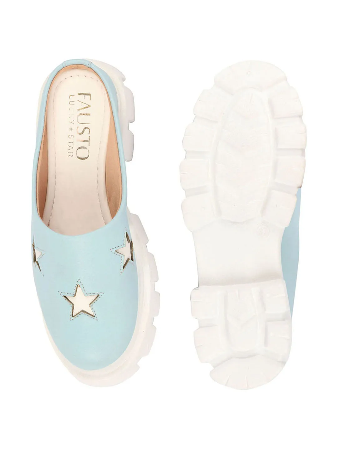 Women Sky Blue Laser Cut Star Open Back Height Enhancer Slip On Casual Shoes