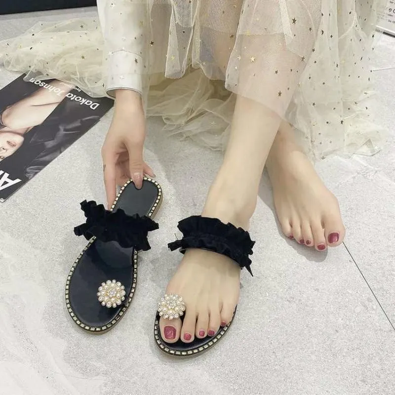 Women Slipper Pineapple Pearl Flat Toe Bohemian Casual Shoes Beach