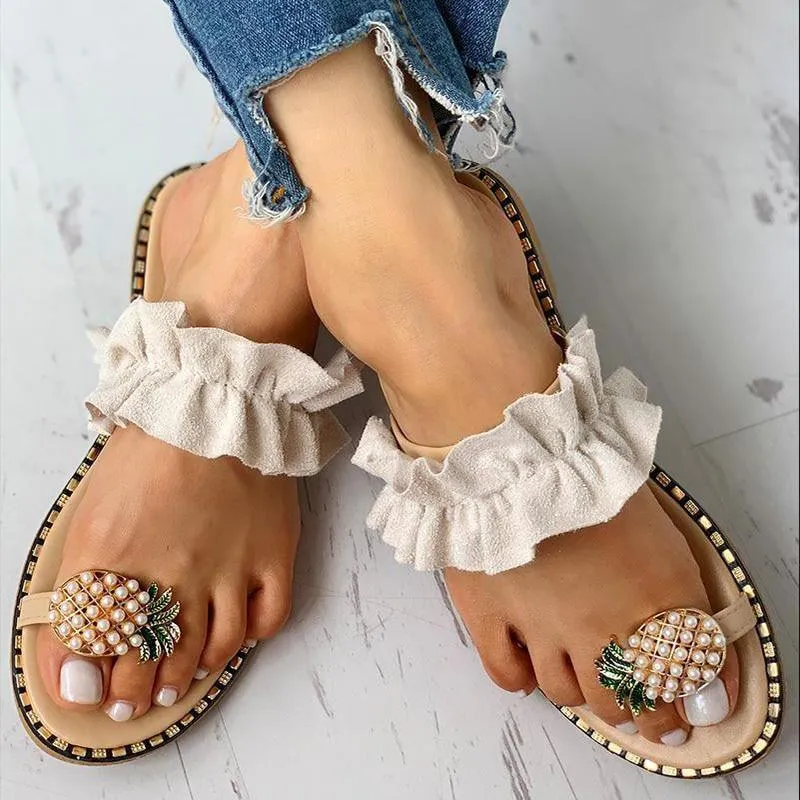 Women Slipper Pineapple Pearl Flat Toe Bohemian Casual Shoes Beach