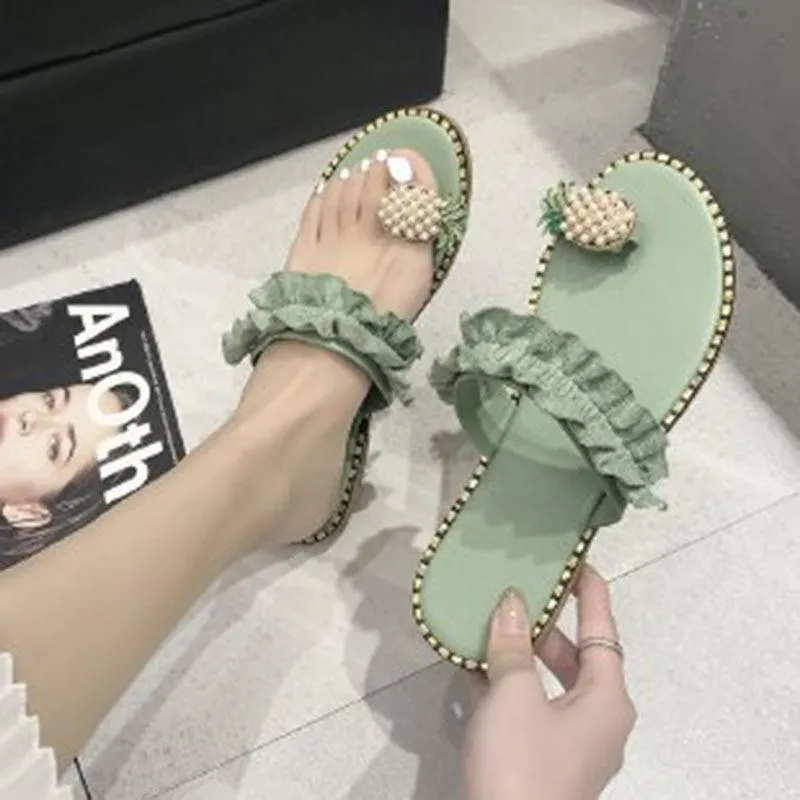 Women Slipper Pineapple Pearl Flat Toe Bohemian Casual Shoes Beach